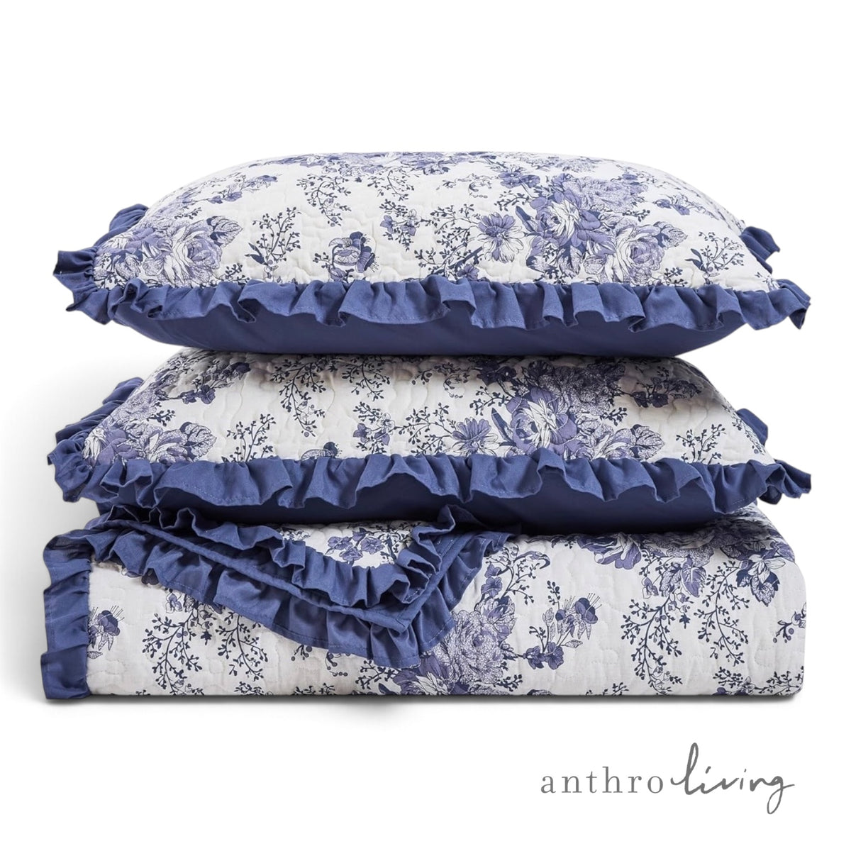 NEW Anthropologie Blue White Floral Ruffle Trim Quilt Coverlet Bedding Sham Set