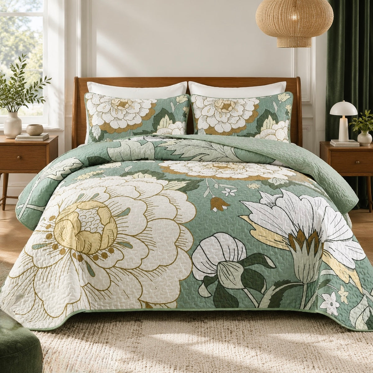 NEW Anthropologie Green & Yellow Floral Boho Queen / King Bedding Quilt Sham Set
