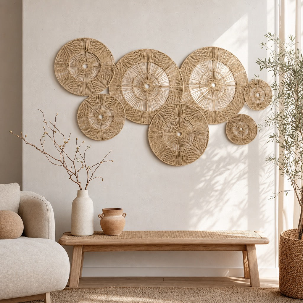 NEW West Elm 7-Piece Woven Wicker Rattan Round Boho Wall Decor Hanging Baskets