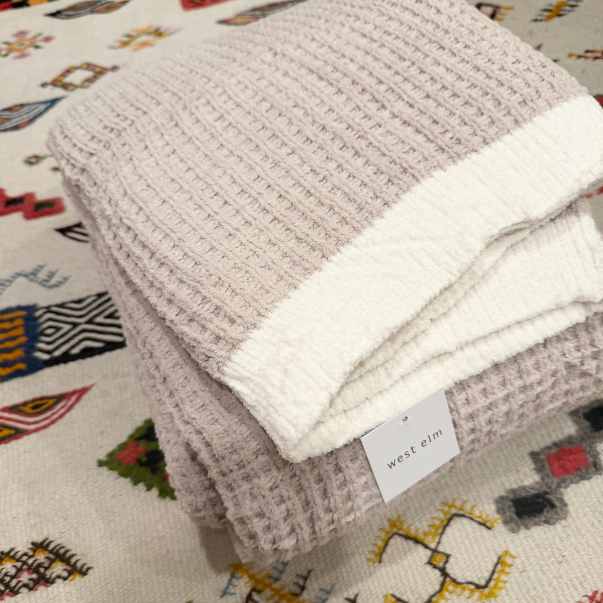 NEW West Elm Beige Woven Waffle Knit Cotton Boho Cozy Throw Blanket - 60" x 80"