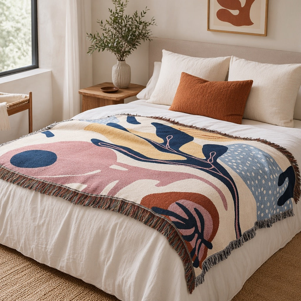 NEW Anthro Boho Abstract Retro Tassel Throw Blanket Bedspread Quilt - 63" x 51"