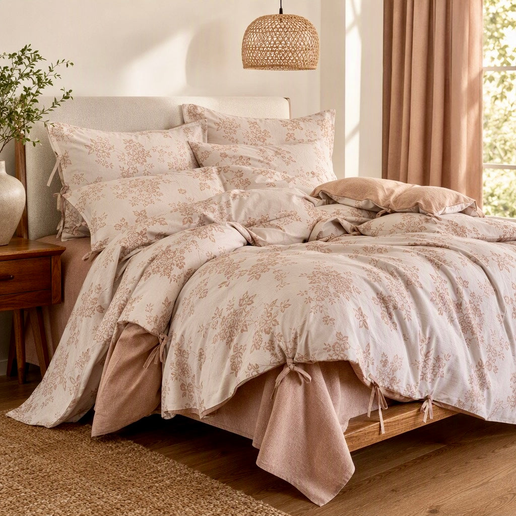 NEW Anthropologie Pink Floral Jacquard Linen Cotton Bedding Duvet & Sham Set
