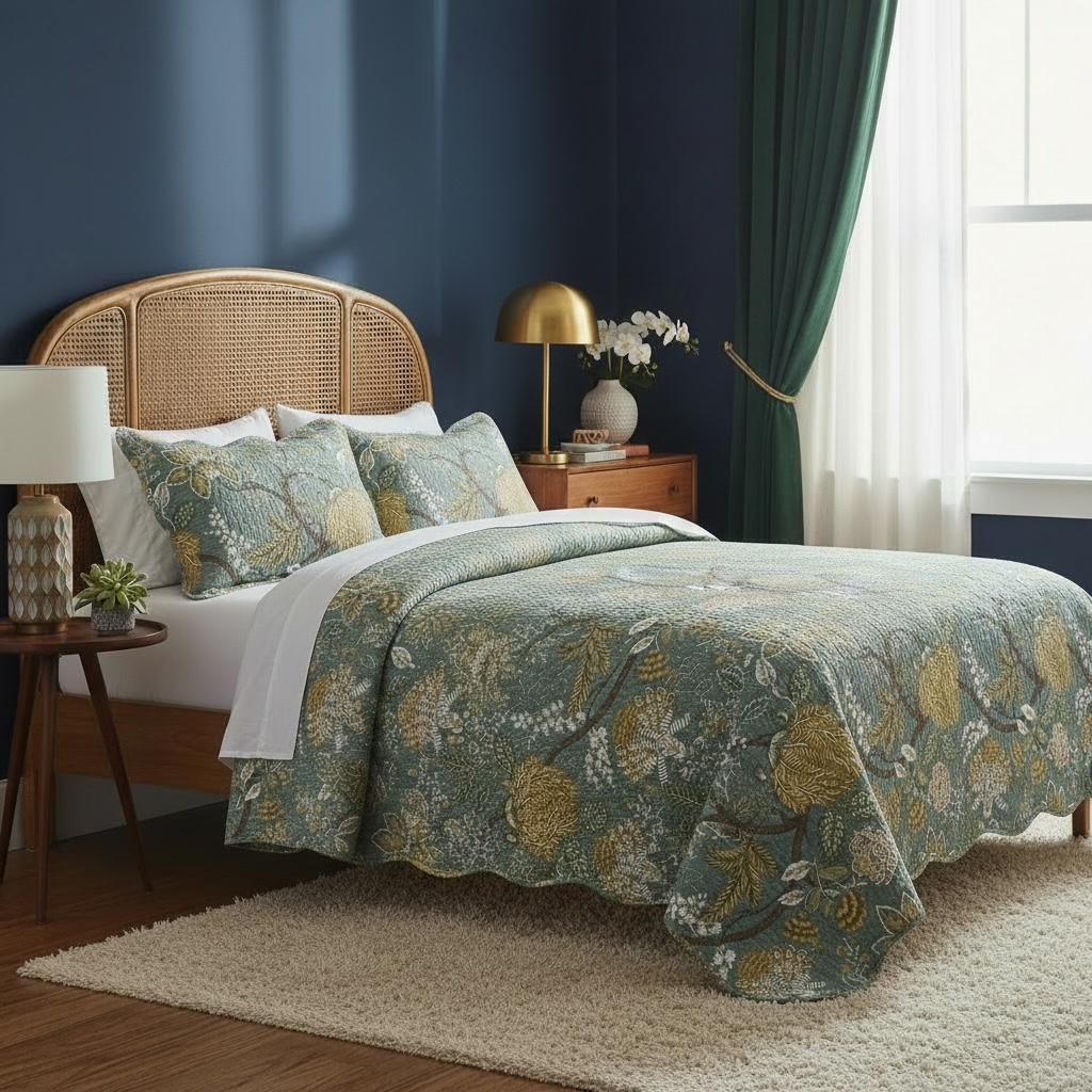 NEW Anthro Green Floral Reversible Queen / King Boho Bedding Quilt & Sham Case