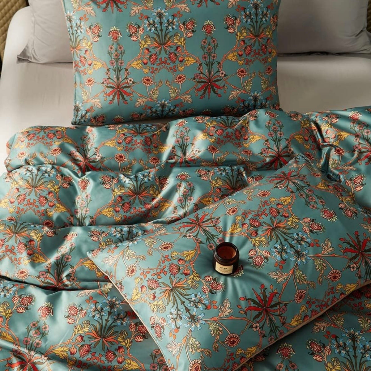 NEW Anthropologie Teal Orange Floral Boho Cotton Queen / King Bedding Duvet & Sham Set