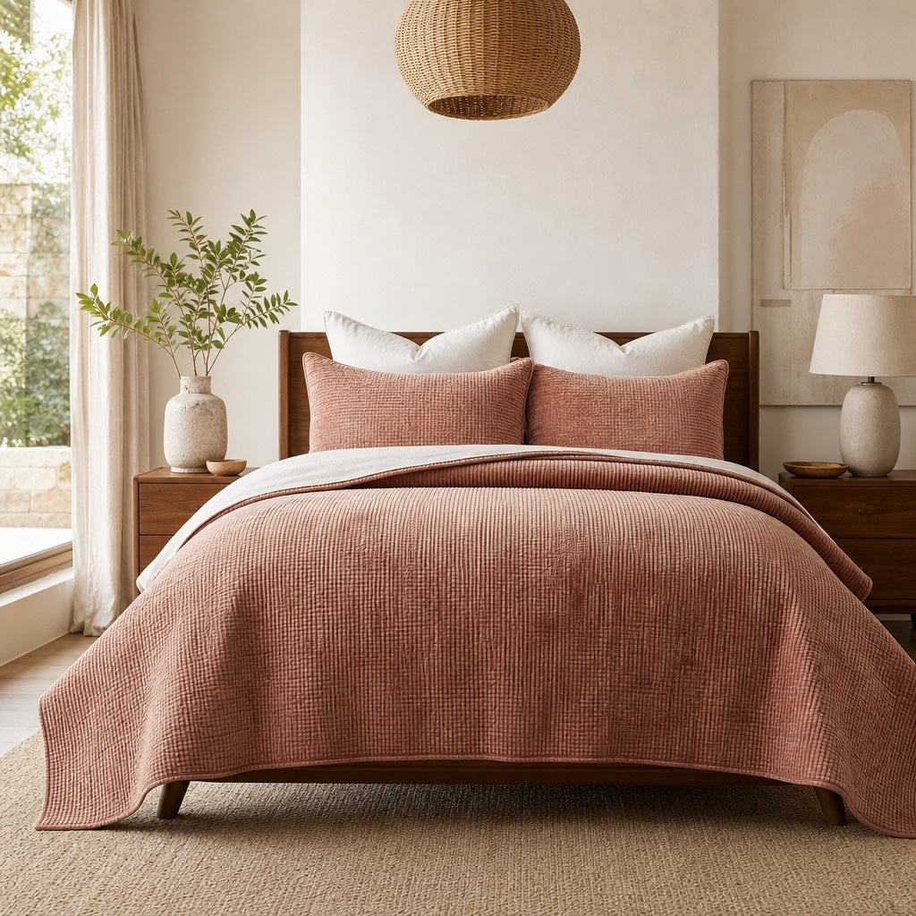 NEW West Elm Velvet Terracotta Clay Queen / King Bedding Comforter & Sham Set