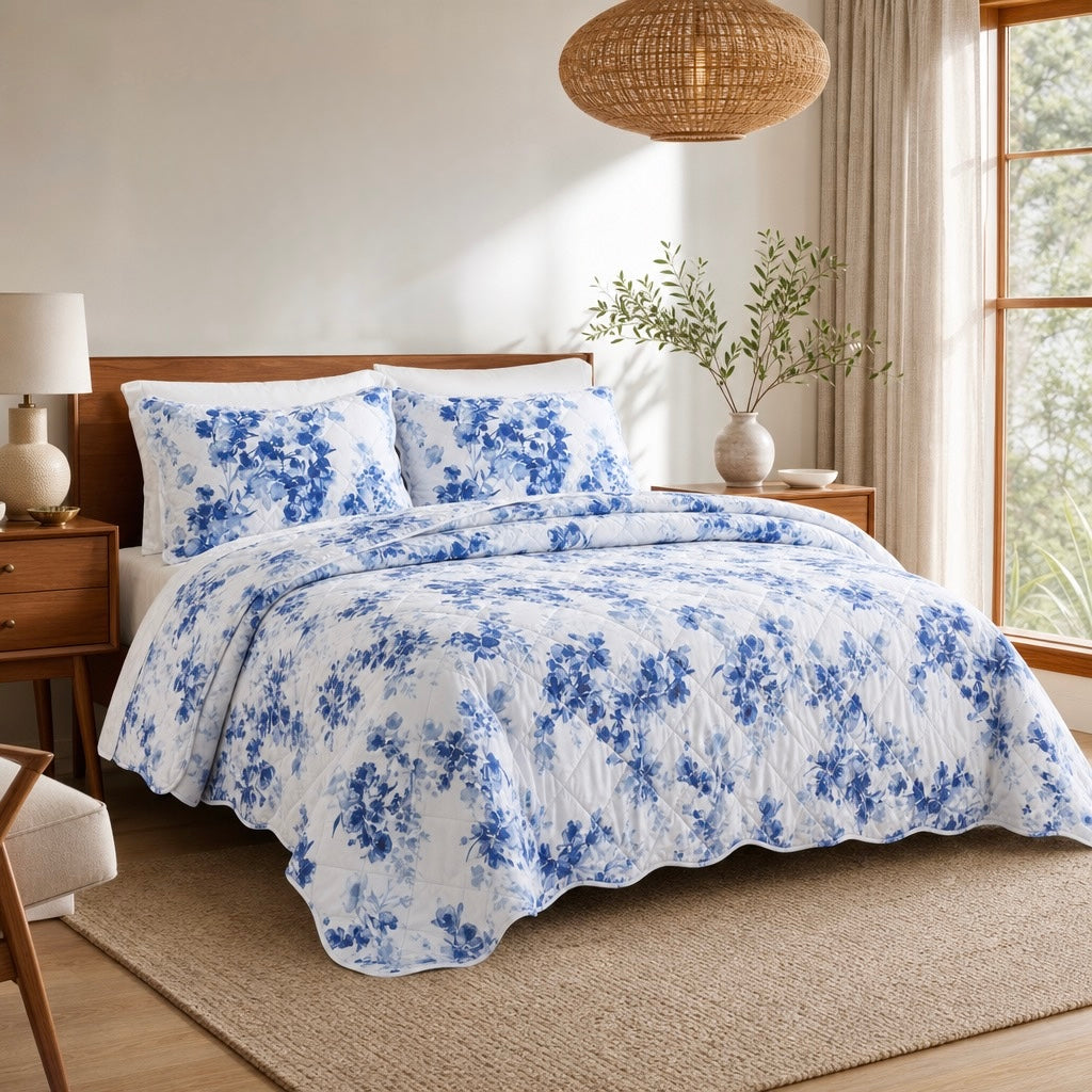 NEW Anthropologie Blue & White Vintage Floral Bedding Quilt Comforter & Sham Set