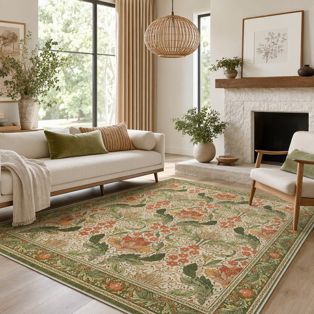 NEW Anthropologie Green Orange Floral Vintage Washable Area Rug Carpet - 5' x 7'