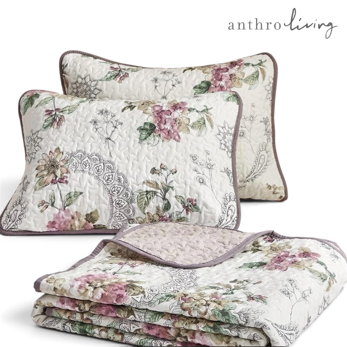 NEW Anthropologie Vintage Floral Reversible Quilt Bedspread Bedding & Sham Set