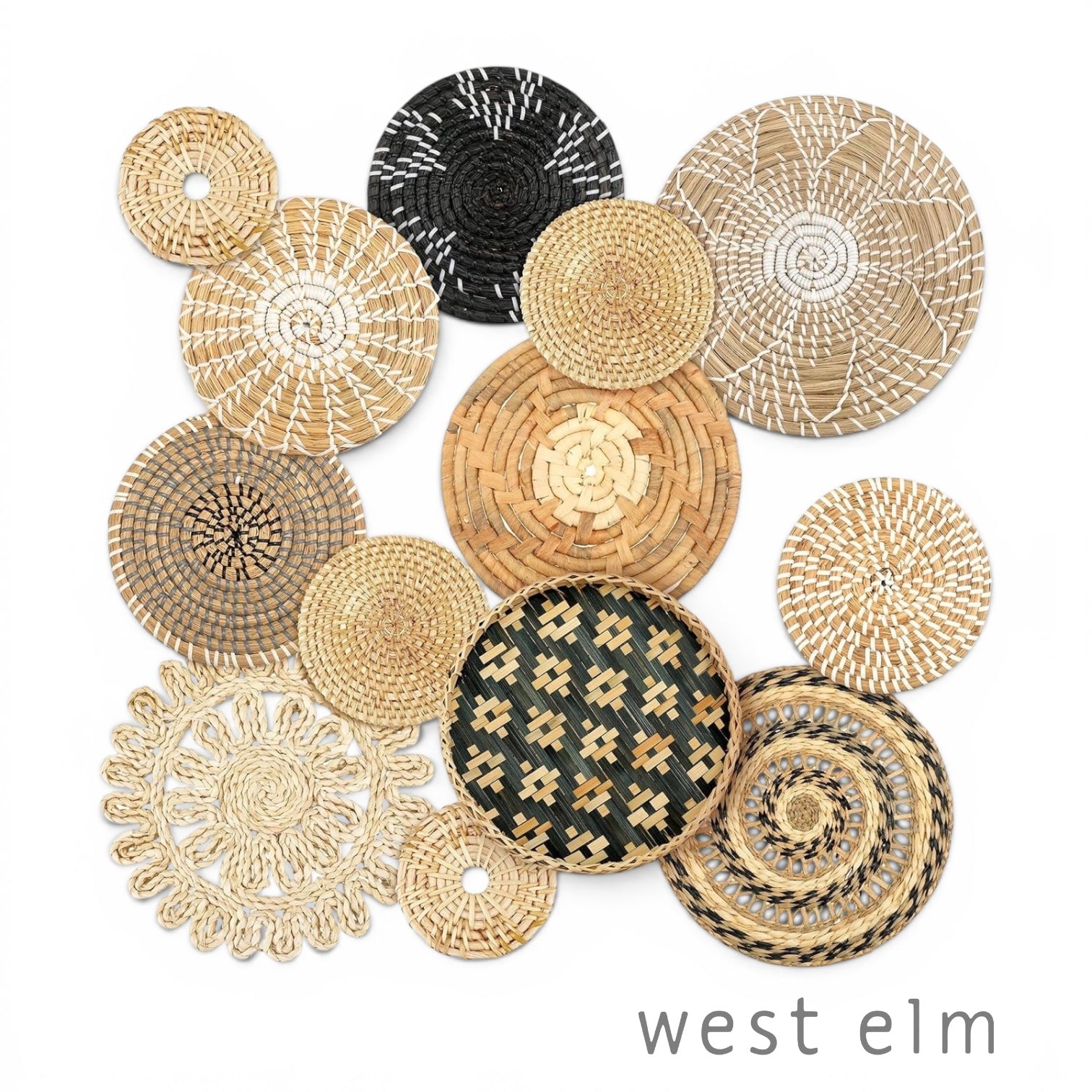 NEW West Elm XL Woven Wicker Rattan Seagrass Boho Wall Hanging Baskets Set / 13