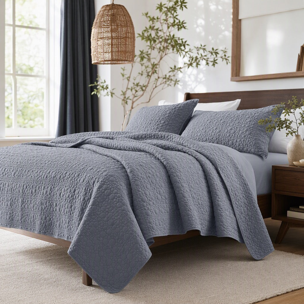NEW West Elm Blue Stone Print Ultra Soft Queen King Bedding Bedspread & Sham Set