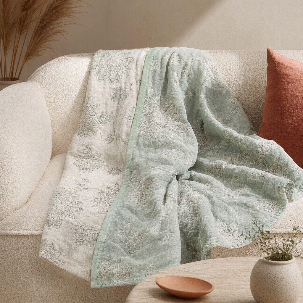 NEW Anthro Boho Floral Muslin Green Reversible Throw Blanket - 90" x 80"