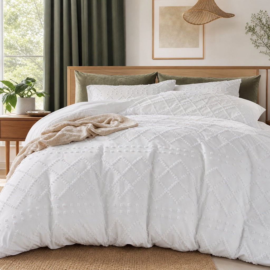 NEW Anthropologie White Queen / King Embroidered Tassel Bedspread Duvet Sham Set