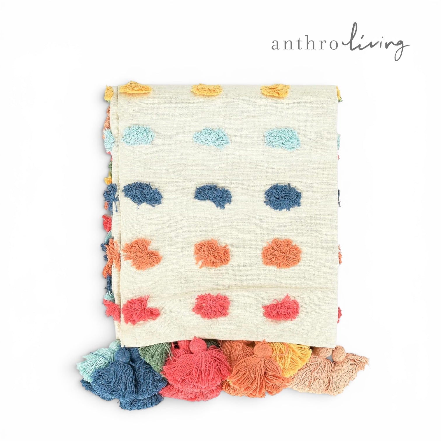 New Anthropologie Boho Tassel Pom Pom Colorful Throw Blanket Bedding - 50" x 60"