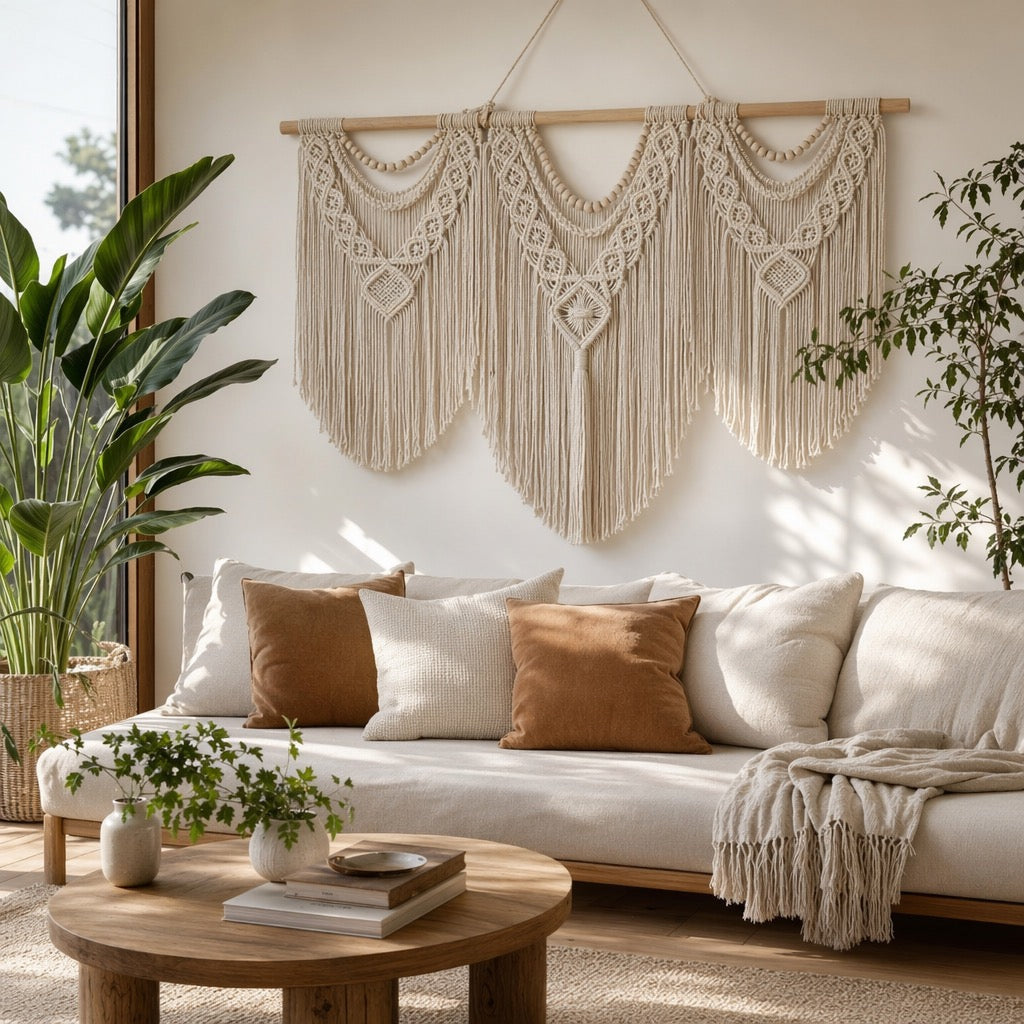 NEW Anthropologie Large Boho Tapestry Macrame Woven Beaded Wood Wall Hanging