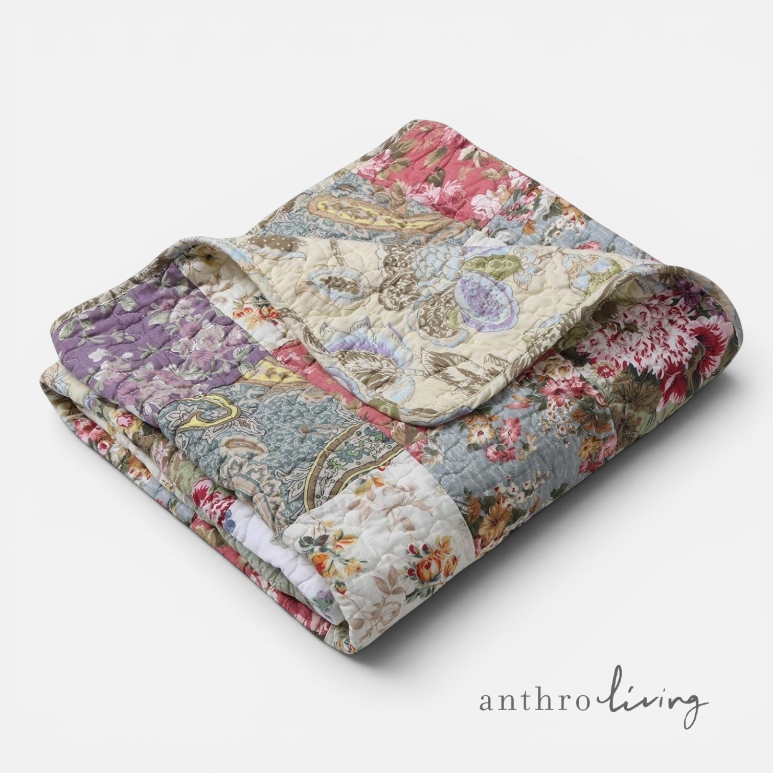 NEW Anthropologie Boho Multicolor Floral Throw Blanket Patchwork Quilt 50" x 60"