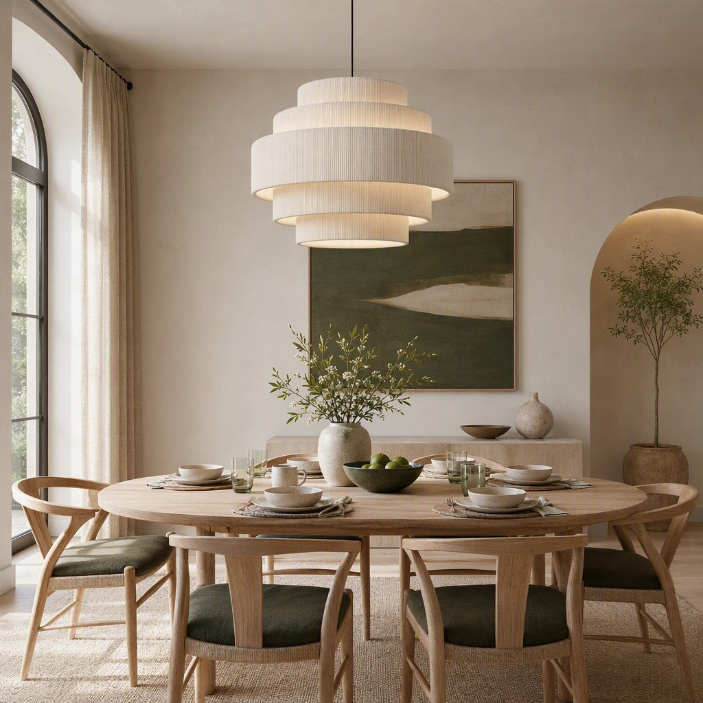 NEW West Elm 5-Tier Boho Beige Corduroy Boho Chandelier Hanging Light Fixture