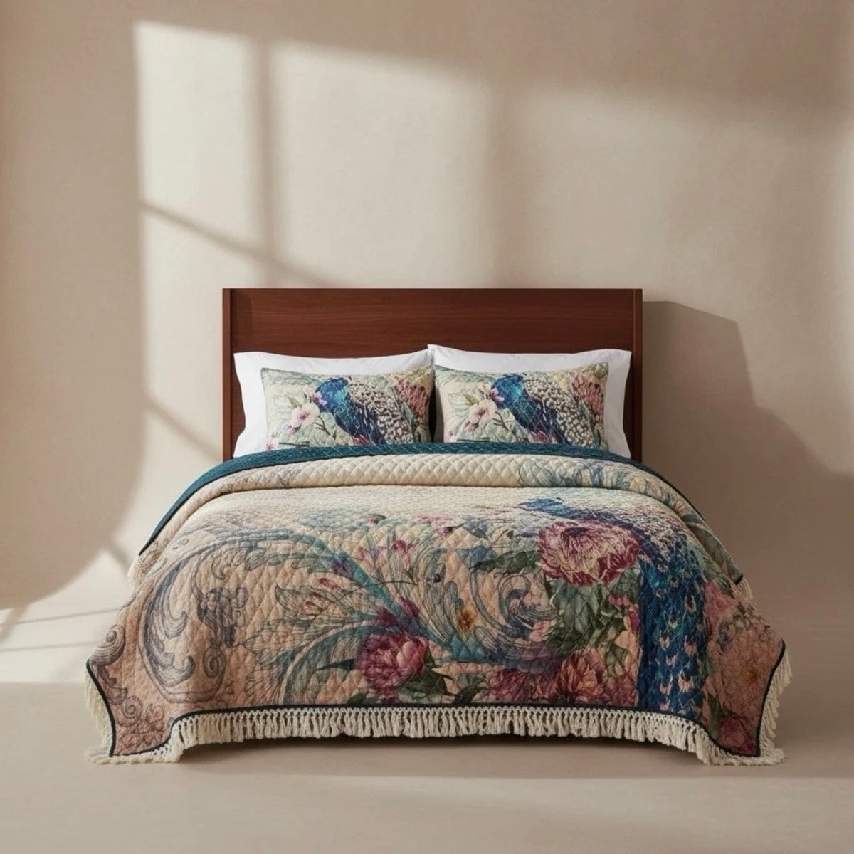 NEW Anthropologie Peacock Tassel Fringe Boho Quilt Bedspread Bedding & Sham Set