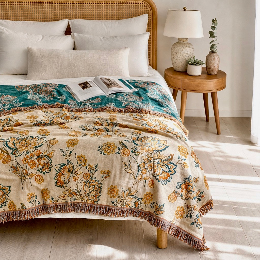 NEW Anthropologie Boho Floral Orange Teal Throw Blanket Bedspread Quilt 80 x 90
