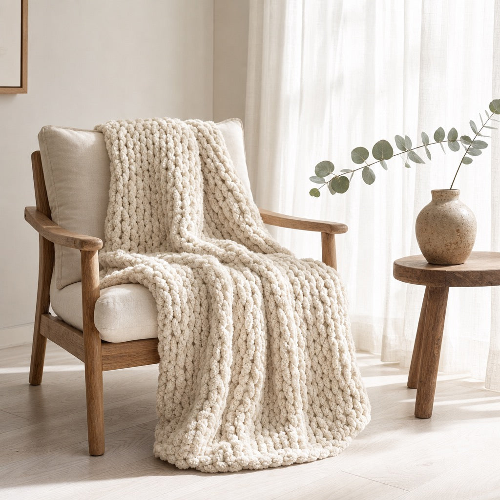 NEW Anthro Boho Chunky White Chenille Cable Knit Crochet Throw Blanket 60" x 40"