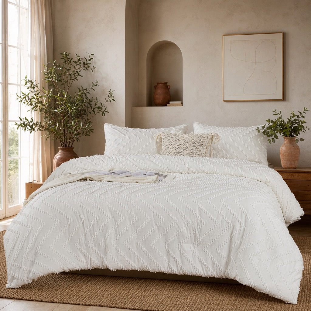 NEW Anthropologie White Tufted King Size Fringe Comforter Bedding Sham Case Set