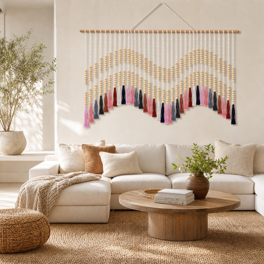 NEW Anthropologie XL Colorful Tapestry Beaded Tassel Macrame Wall Hanging 70x35