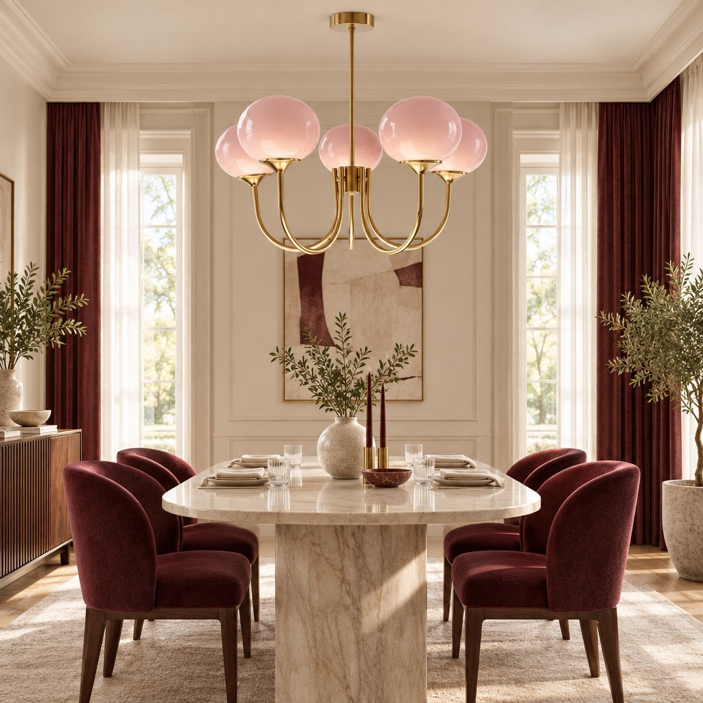 NEW Anthropologie 5-Light Gold Pink Chandelier Retro Boho Light Ceiling Fixture