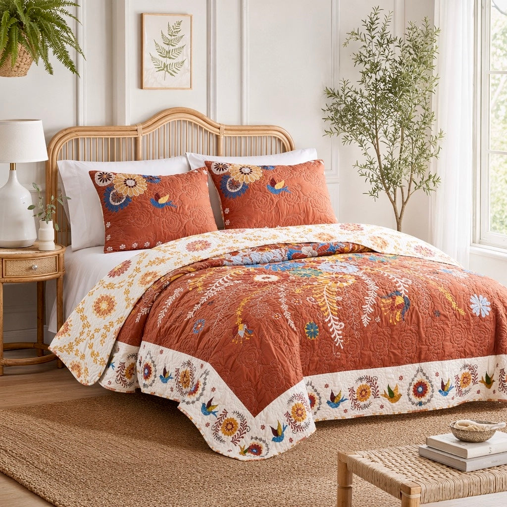 NEW Anthropologie Red Queen Floral Boho Reversible Quilt Bedspread Blanket Sham Set
