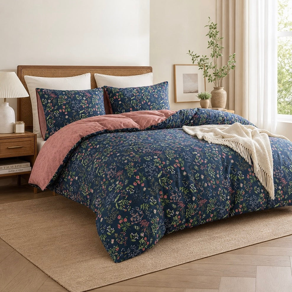 NEW Anthropologie Blue Floral Cotton Queen / King Size Bedding Duvet & Sham Set