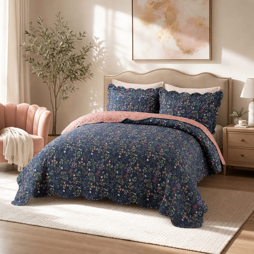 NEW Anthropologie Blue Floral Queen King Quilt Bedding Bedspread Duvet Sham Set