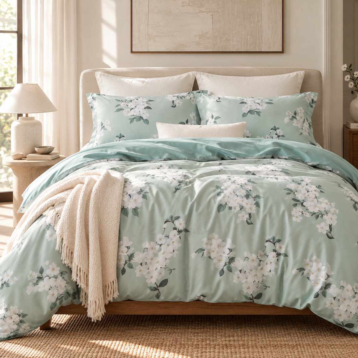 NEW West Elm Sage Green Floral Print Cotton Multi-Size Bedding Duvet & Sham Set