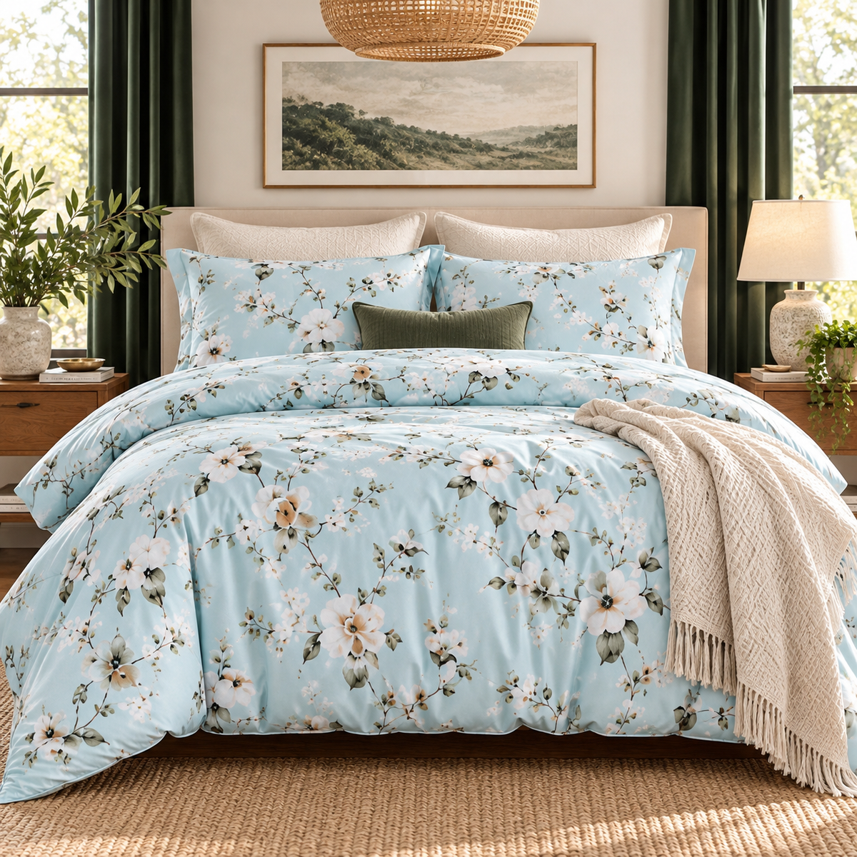 NEW West Elm Light Blue Floral Print Boho Queen / King Bedding Duvet & Sham Set
