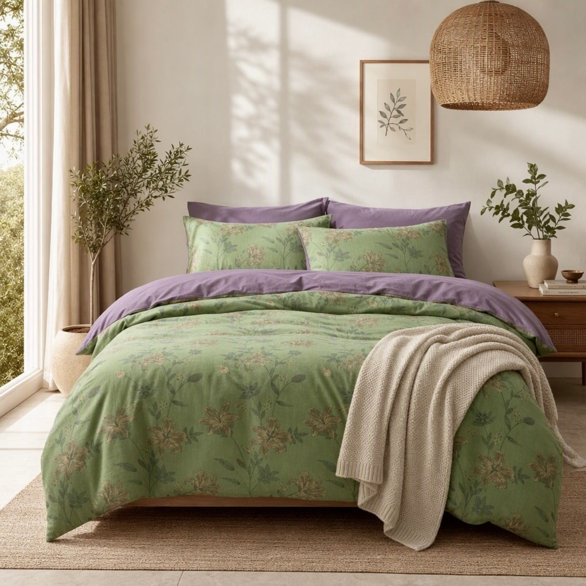 NEW Anthropologie Green Purple Floral Linen Queen / King Bedding Duvet & Sham Set