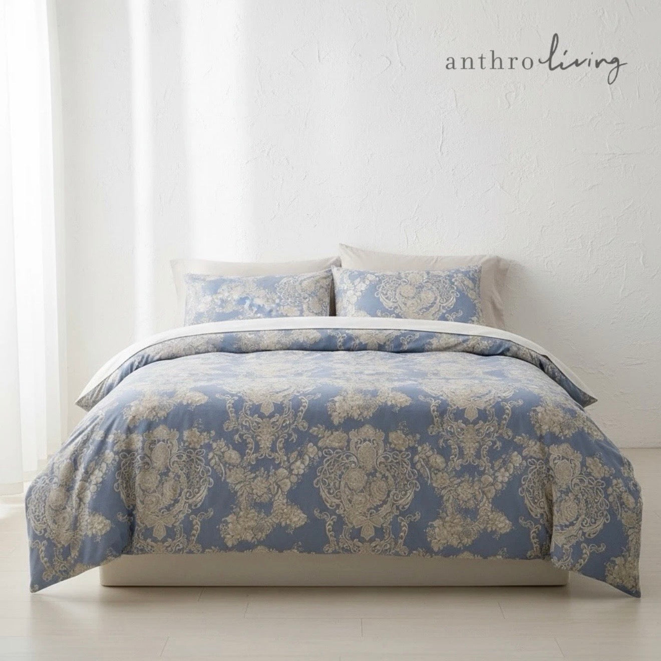 NEW Anthropologie Blue Damask Lux 100% Cotton Boho Queen / King Bedding Duvet Sham Set