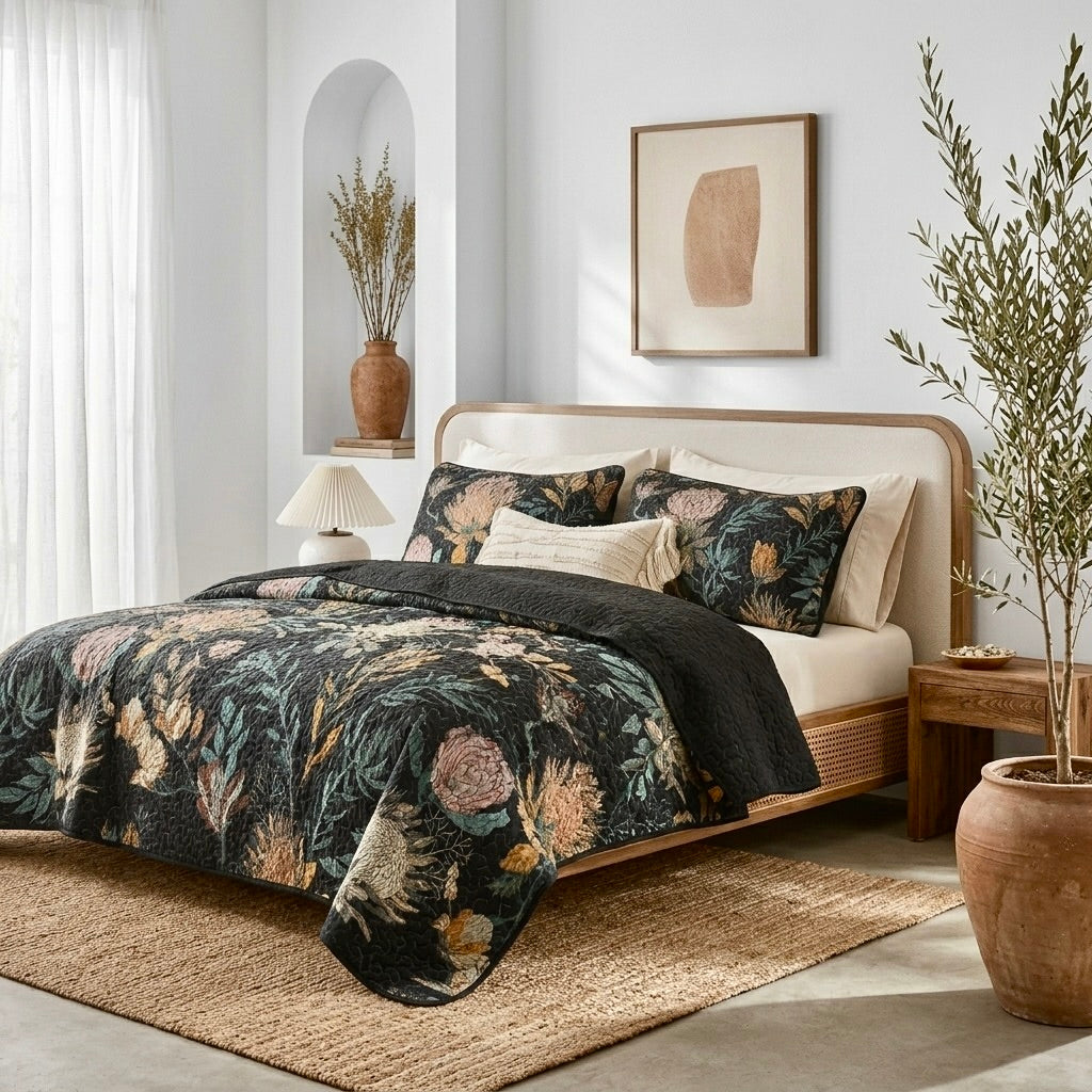 NEW Anthro Queen / King Black Reversible Boho Quilt Bedspread Bedding & Sham Set
