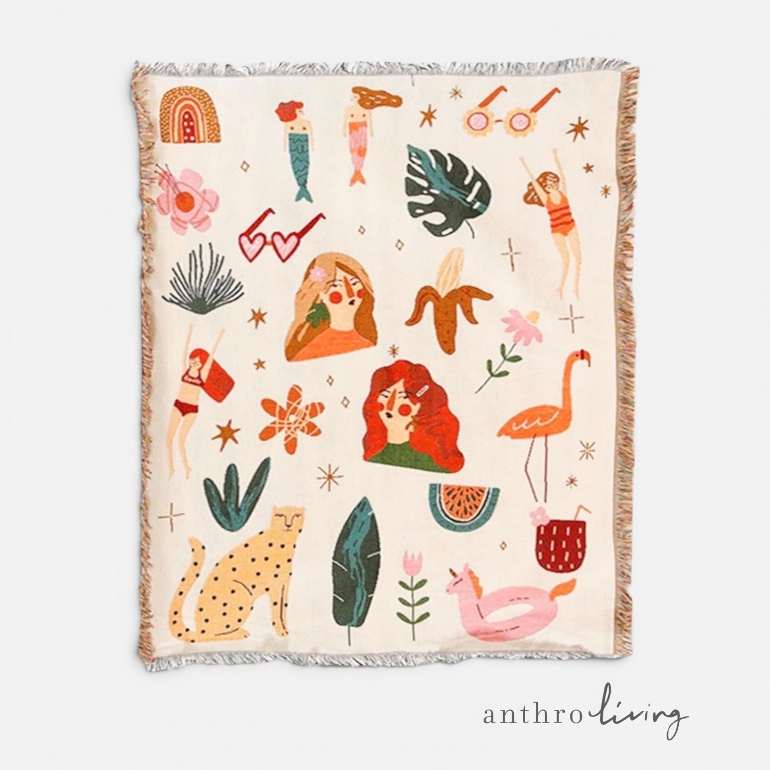 NEW Anthropologie Boho Abstract Tassel Throw Blanket Bedspread Quilt - 63" x 50"