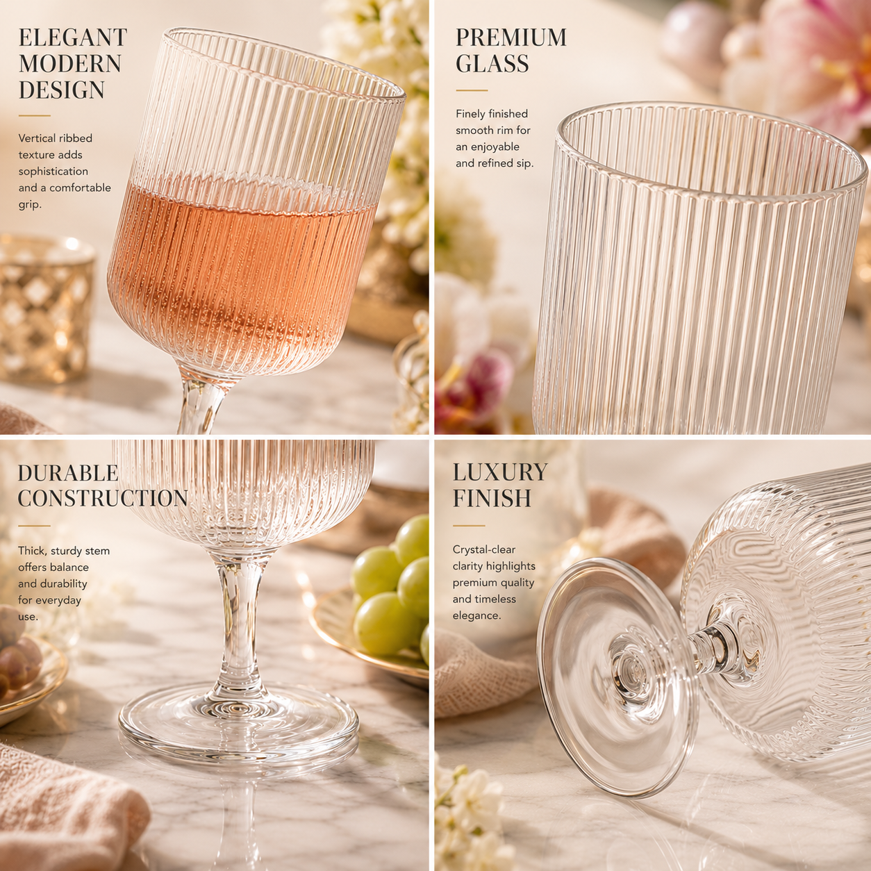 Khen Textured Clear Glass Ribbed Modern Elegant Wine Goblets | Set of 2