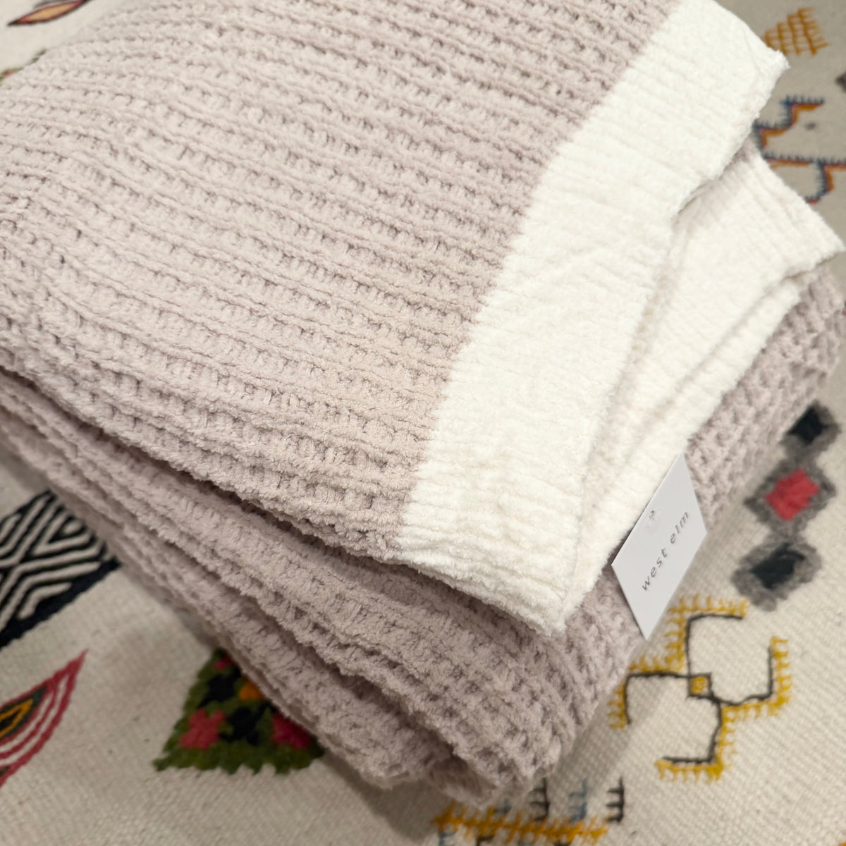 NEW West Elm Beige Woven Waffle Knit Cotton Boho Cozy Throw Blanket - 60" x 80"