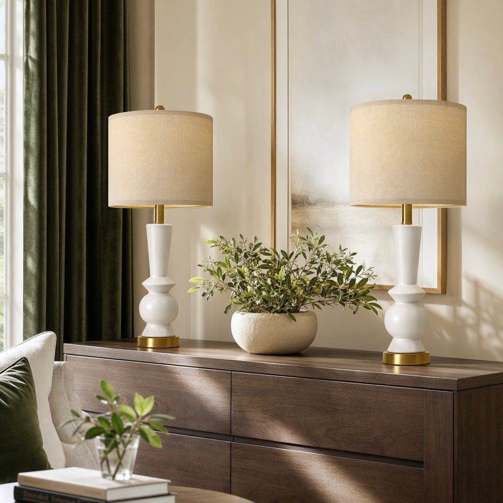 NEW Anthropologie Set of 2 White & Gold Ceramic Boho Table Lamps Lighting - 27"