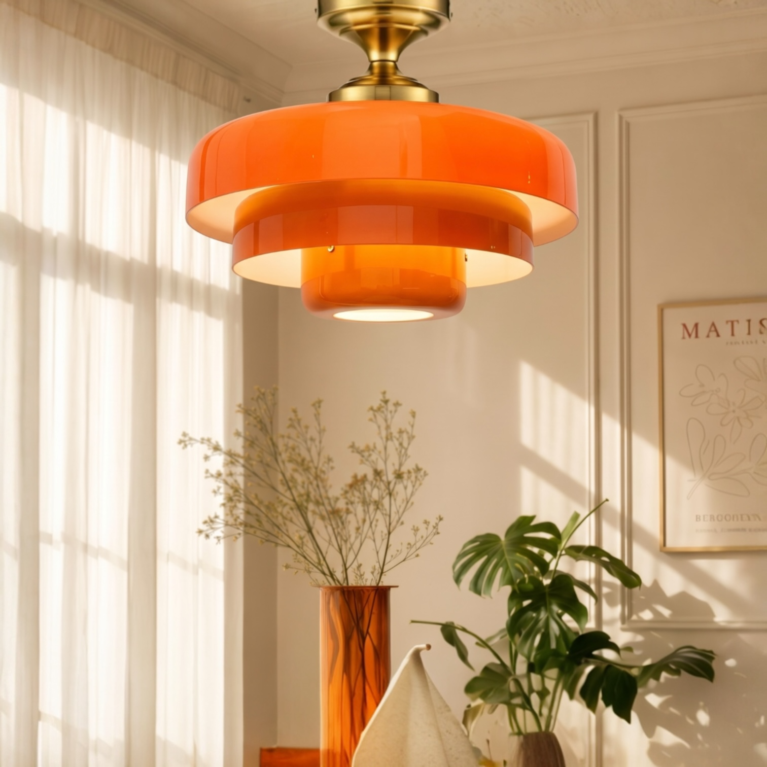 NEW Anthropologie Chandelier Mid-Century Retro Gold Orange Light Ceiling Fixture