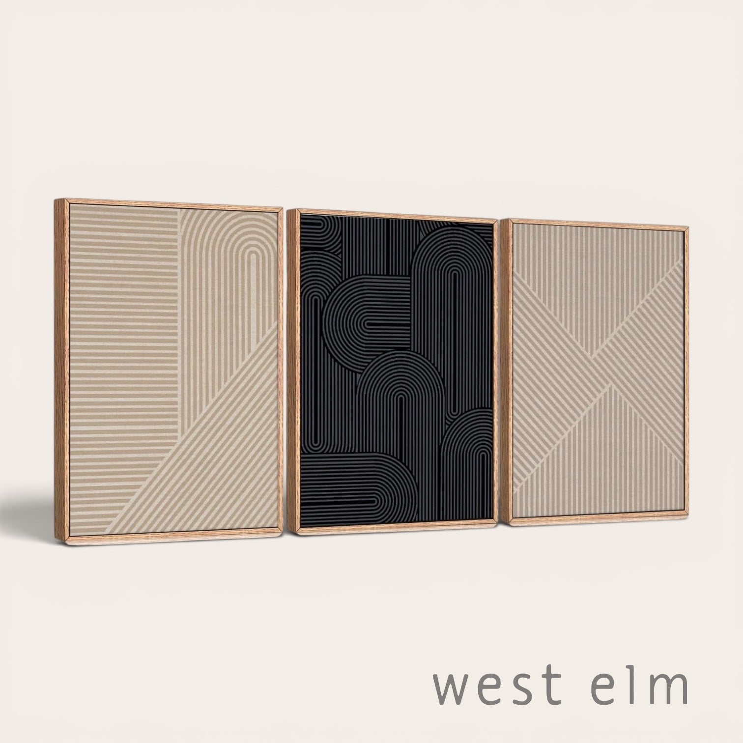 NEW West Elm Large Abstract Set of 3 Framed Canvas Wall Art Paintings Decor 24"