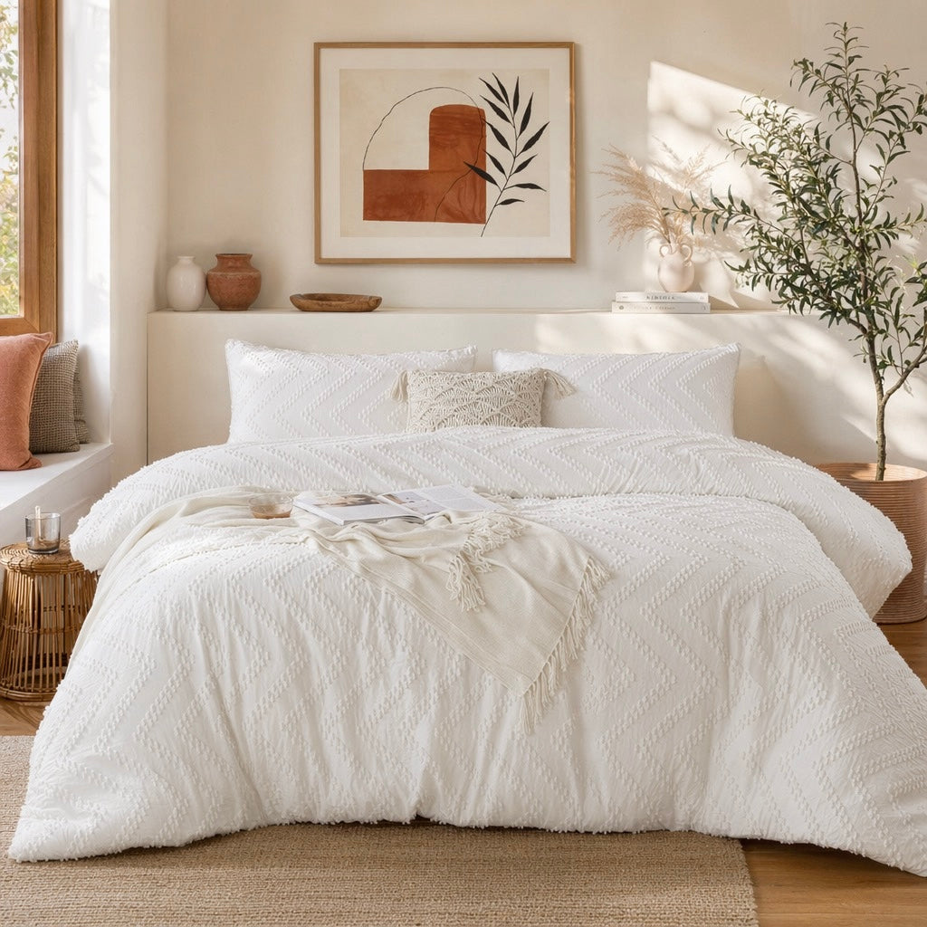 NEW Anthropologie White Tufted King Size Fringe Comforter Bedding Sham Case Set