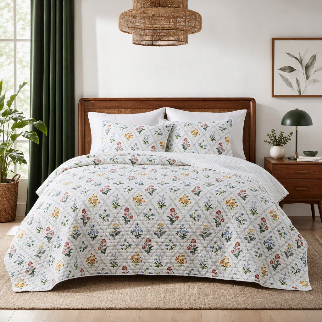 NEW Anthropologie Multicolor Floral Reversible Quilt Bedspread Bedding Sham Set