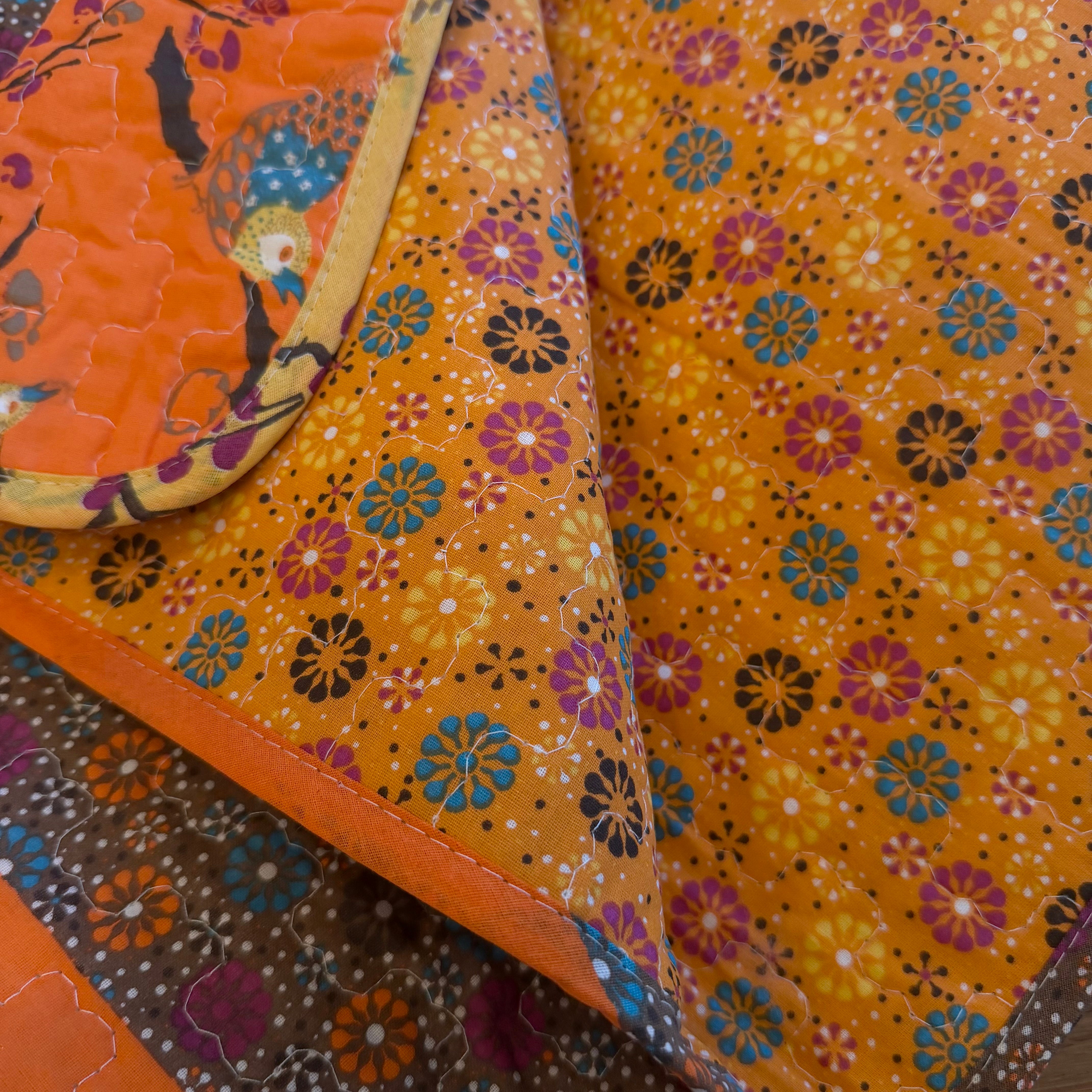 NEW Boho Orange Retro Bird Floral Throw Blanket Bedspread Bedding Quilt 50 x 60
