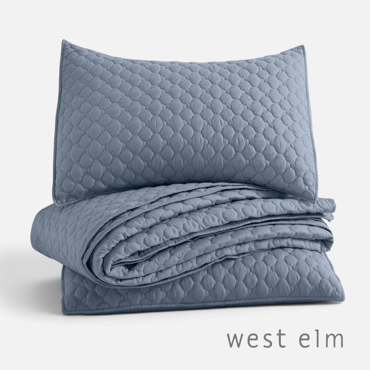 NEW West Elm Dusty Blue Ultra Soft Quilted Queen / King Bedding Quilt & Sham Set