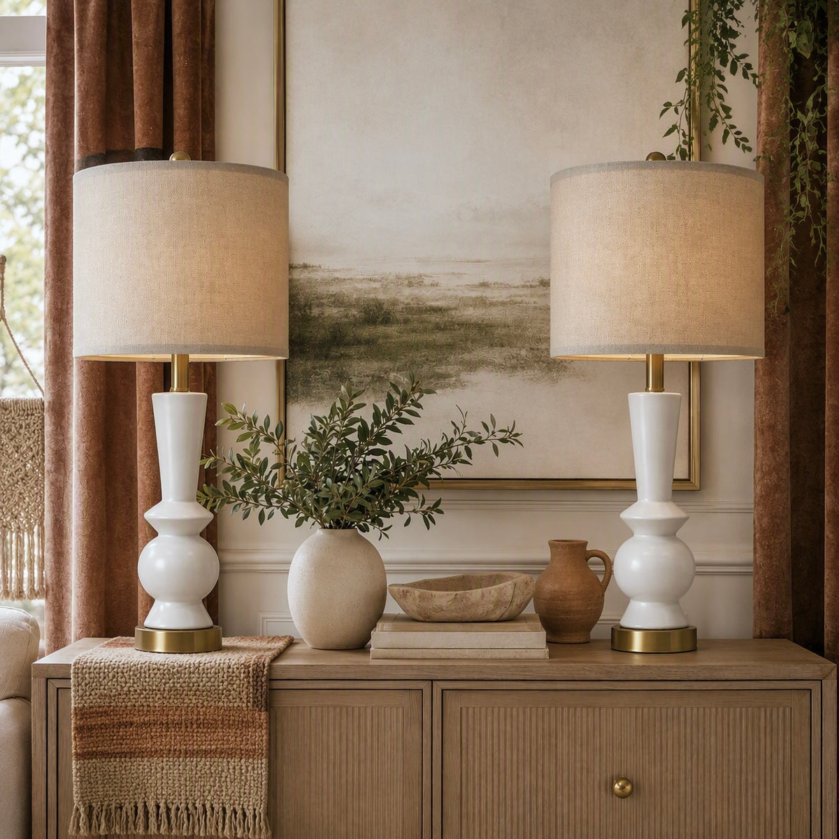 NEW Anthropologie Set of 2 White & Gold Ceramic Boho Table Lamps Lighting - 27"