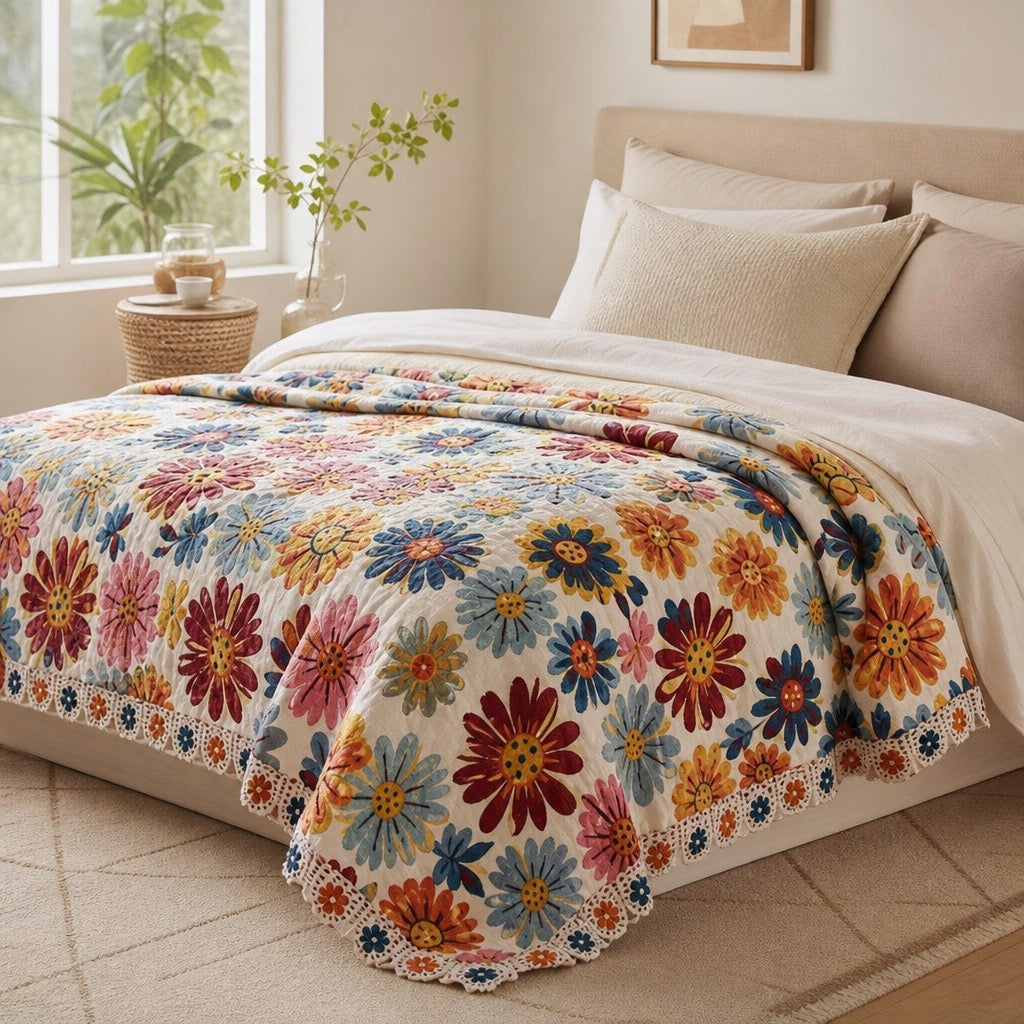 NEW Anthropologie XL Boho Floral Reversible Blanket Bedspread Quilt - 80" x 92"