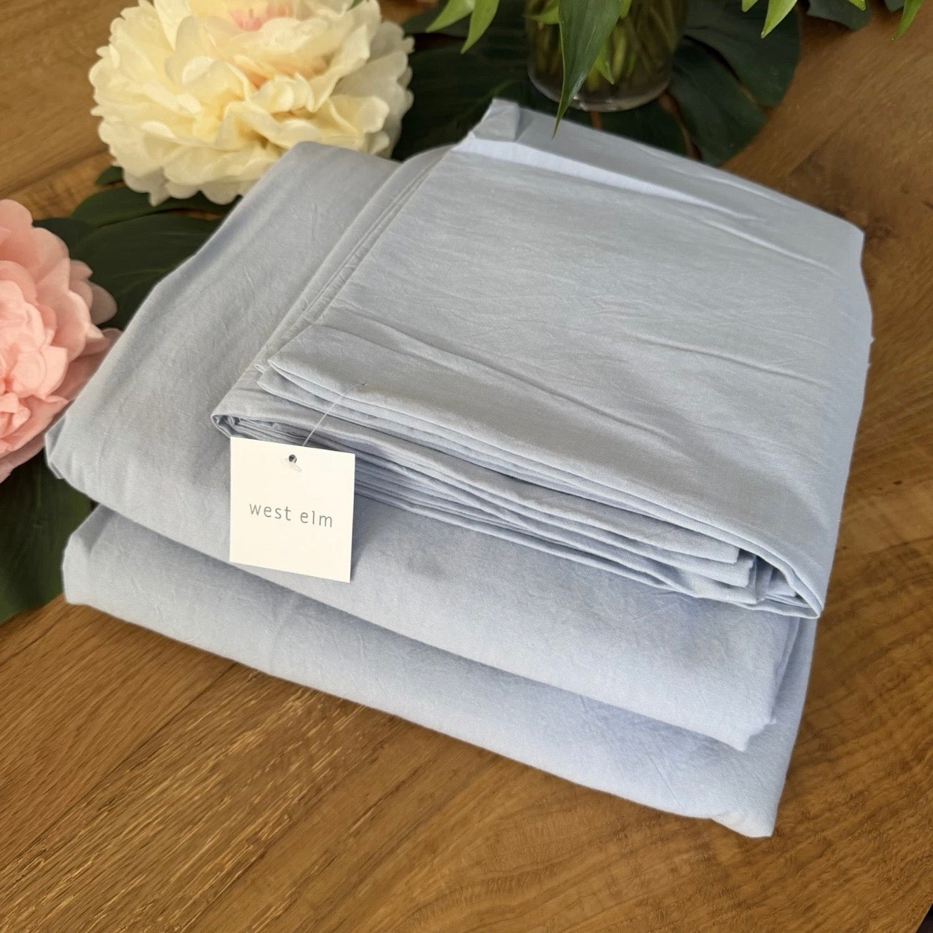 NEW West Elm Light Blue Solid 100% Cotton King / Queen Bedding Duvet & Sham Set