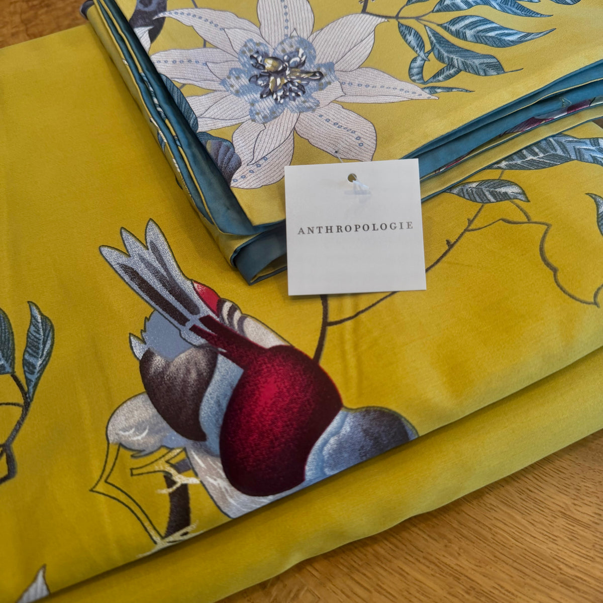 NEW Anthropologie Yellow Boho King / Queen Floral Bird Bedding Duvet & Sham Set