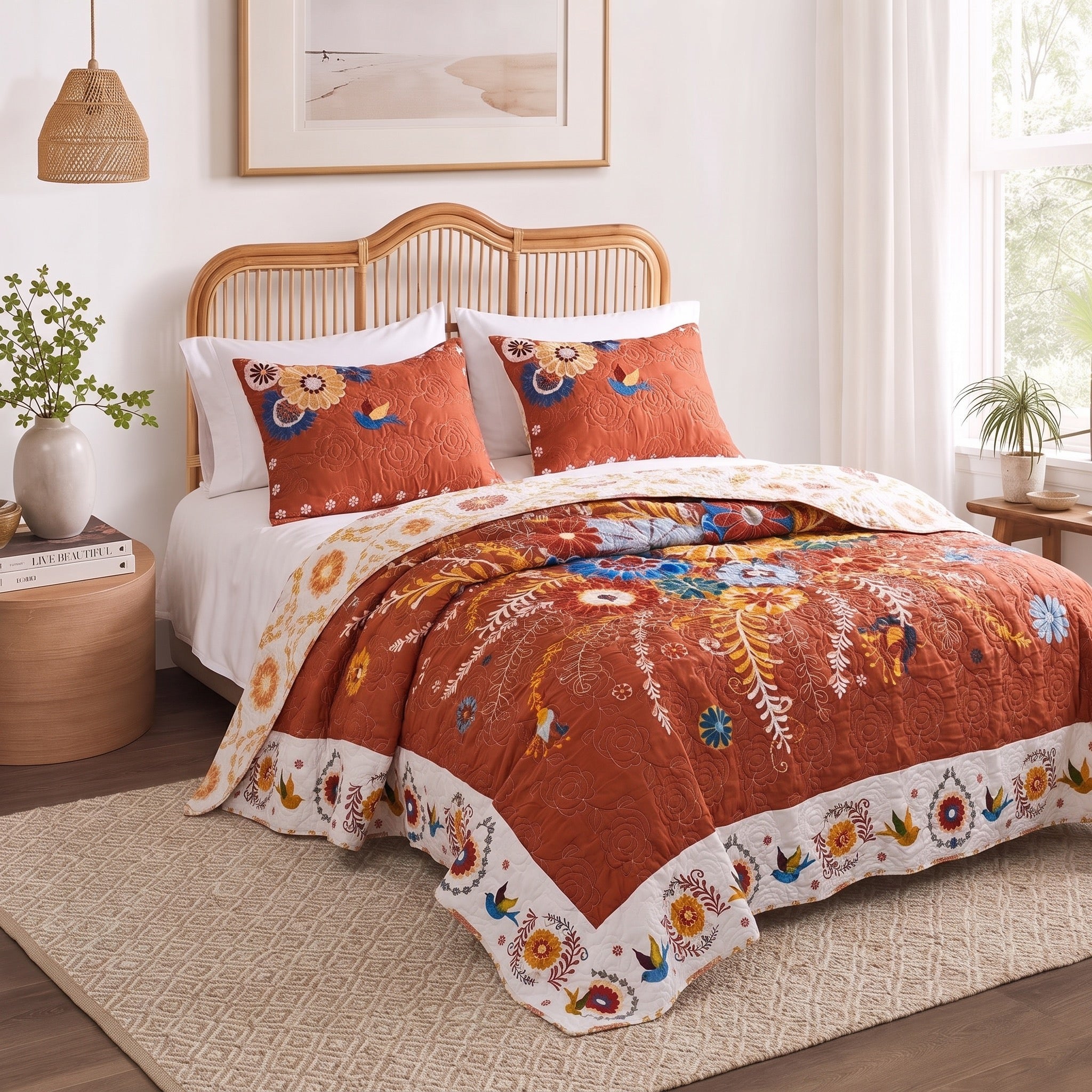 NEW Anthropologie Red Queen Floral Boho Reversible Quilt Bedspread Blanket Sham Set