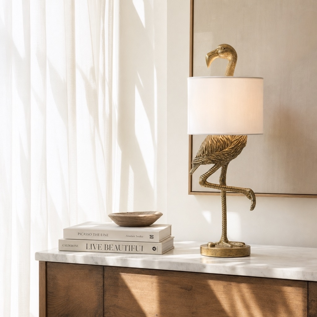 NEW Anthropologie Large Gold Boho Flamingo Table Lamp Lighting Art Deco Set 32"